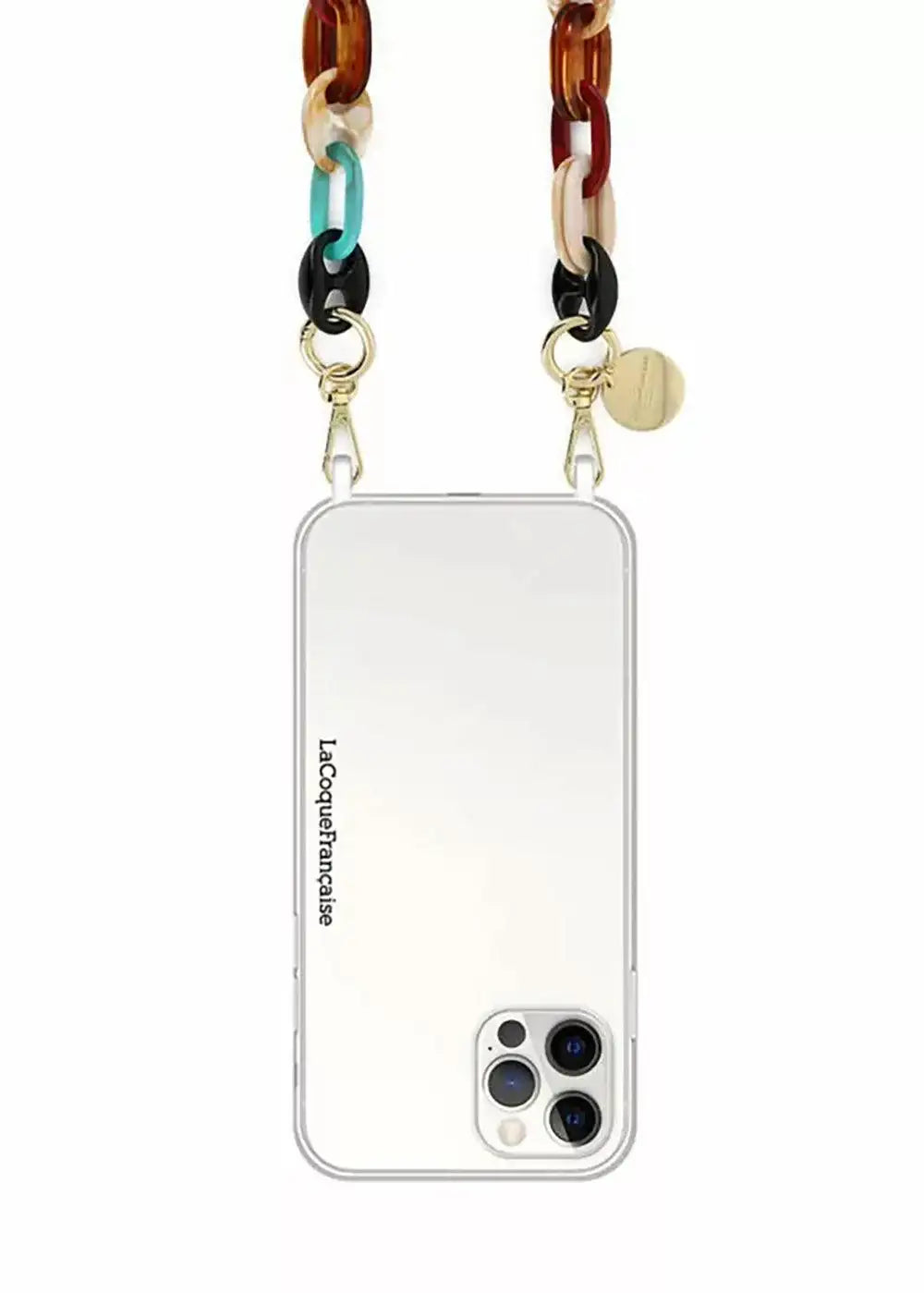 Clear iPhone 14 Pro case with colorful chunky chain strap and gold hardware