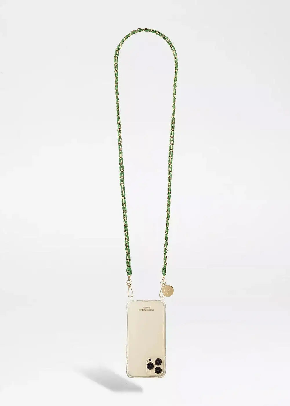 Clear phone case with a green and gold chain strap and gold hardware on white background