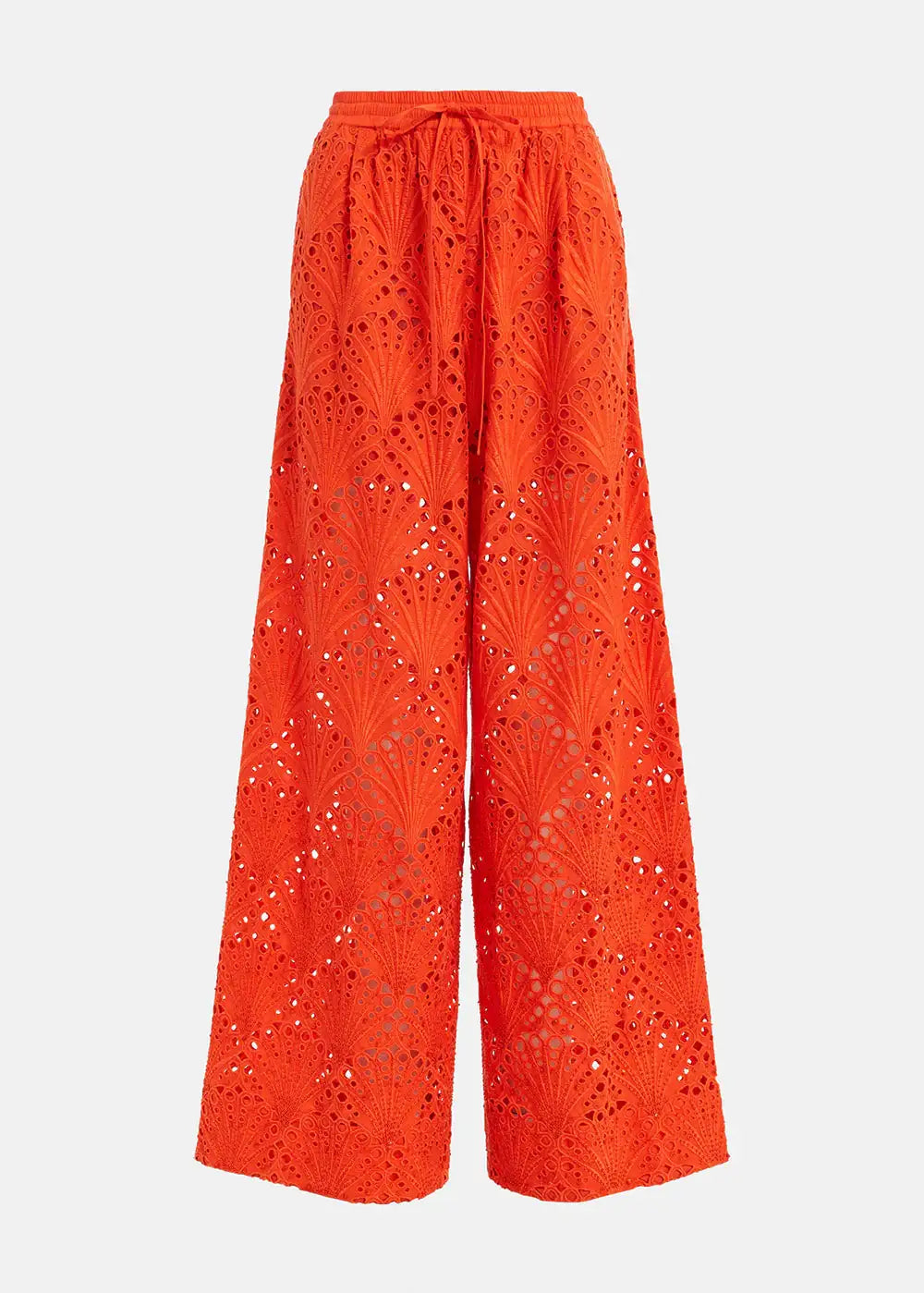 Bright orange wide-leg eyelet lace trousers with high waist and scalloped hem