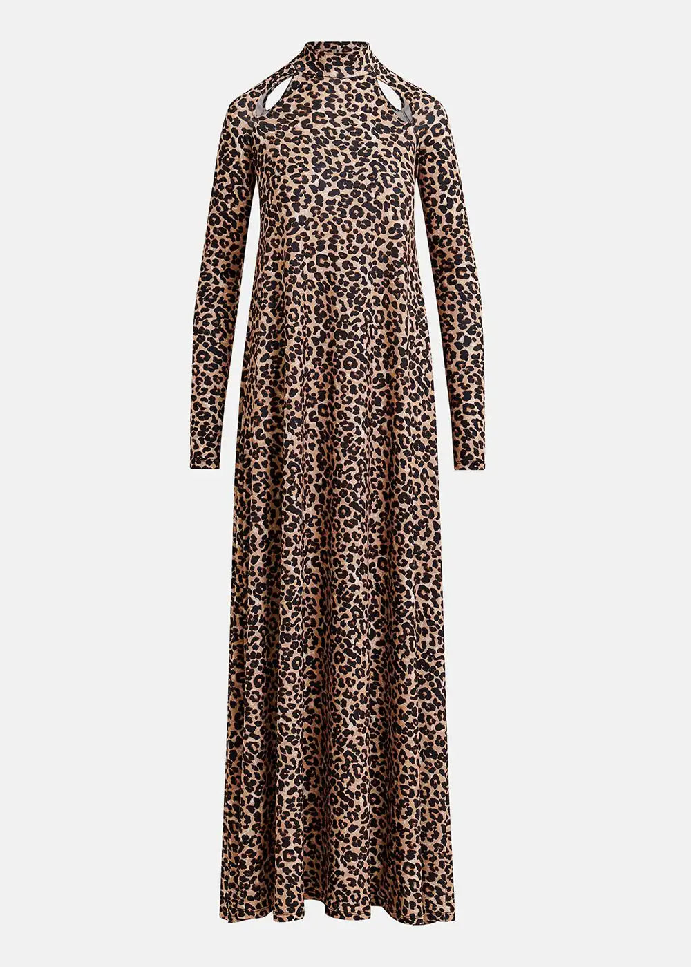 Leopard print long sleeve maxi dress with high neck and cutout shoulder details