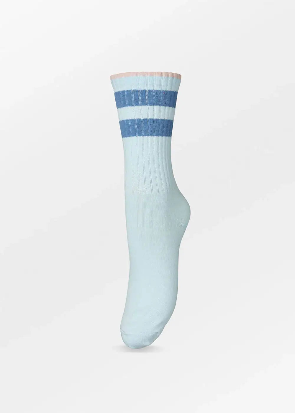 Light blue crew sock with blue stripes and ribbed texture, fashion accessory on white background