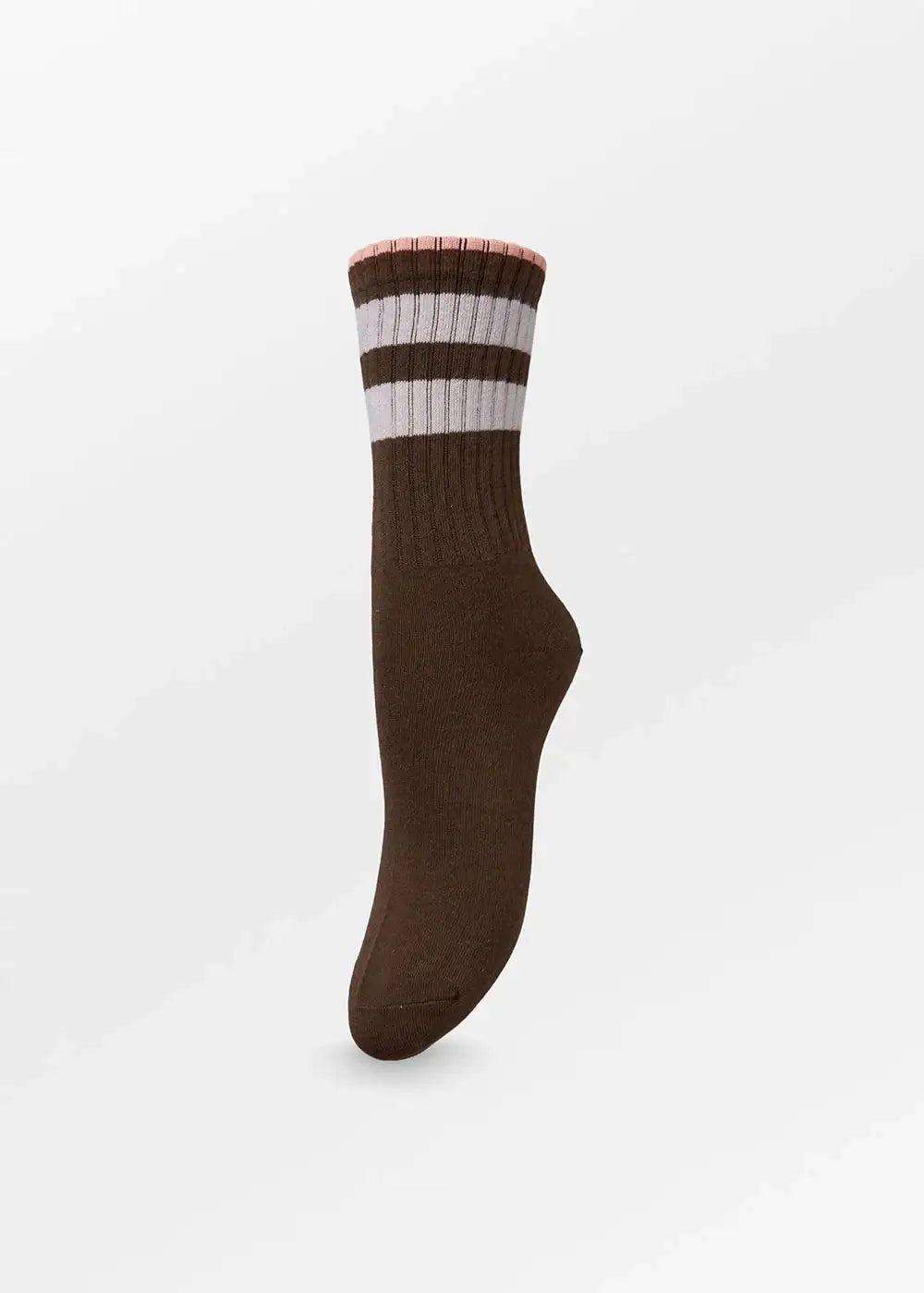 Brown ribbed crew sock with white and brown stripes and pink trim on a plain background