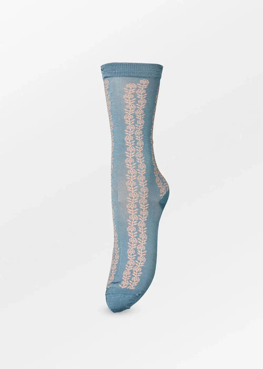 Blue sheer sock with vertical floral lace pattern, fashion accessory on white background