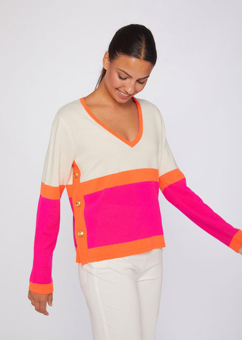 Colour Block Sweater - Ecru, Pink & Orange