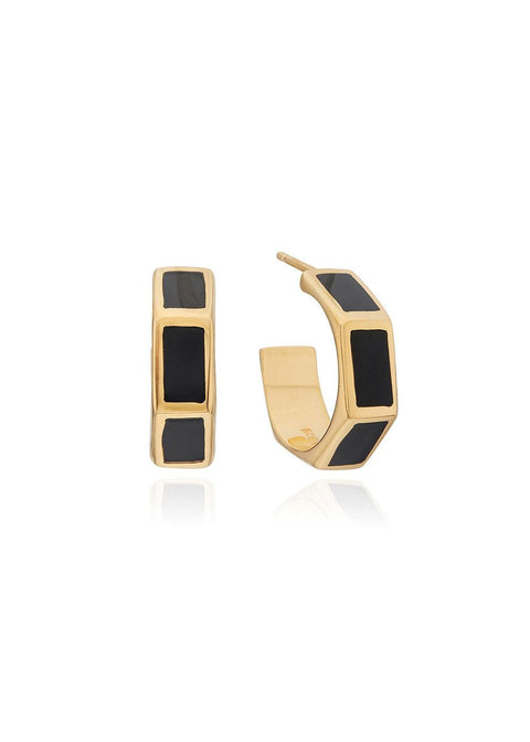 Black Onyx Inlay Hoop Earrings - Gold - Domino Style