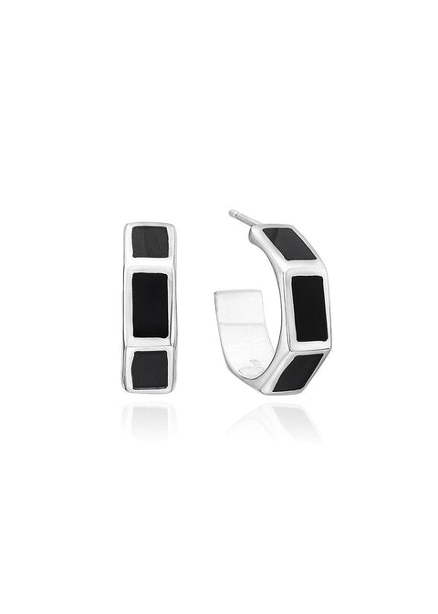 Black Onyx Inlay Hoop Earrings - Silver - Domino Style