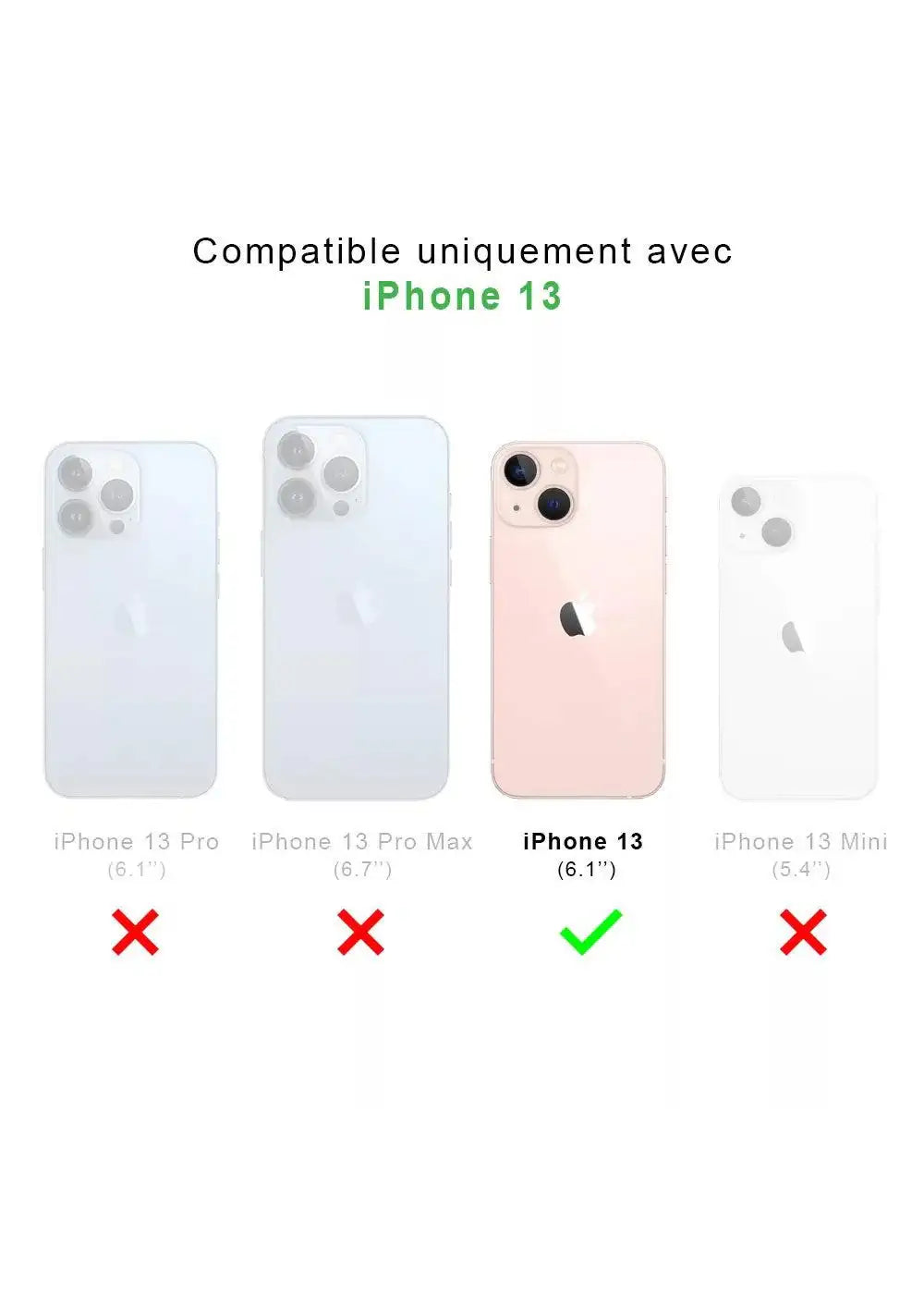 Image showing compatibility for iPhone 13 case, not suitable for Pro, Pro Max, or Mini models.
