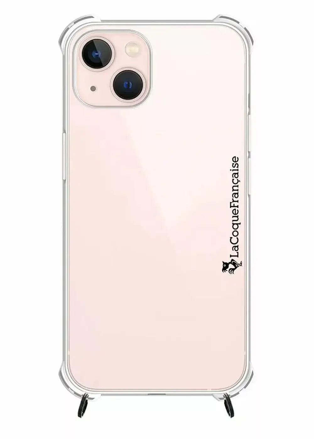 Clear protective case on iPhone 13 with dual camera and vertical logo text on side