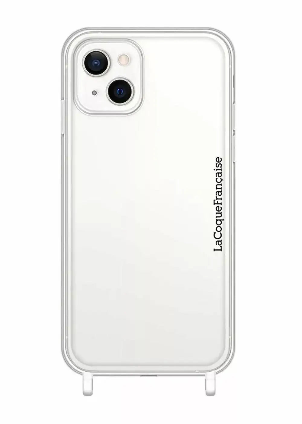 Clear domino style case for iPhone 13 with black LaCoqueFrançaise text on side