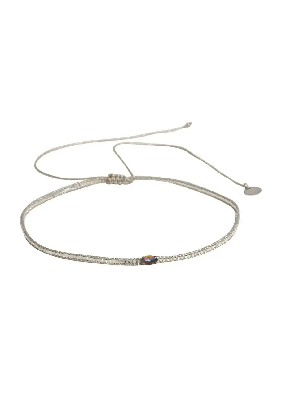 Delicate adjustable silver necklace with a central multicolored diamond eye bead